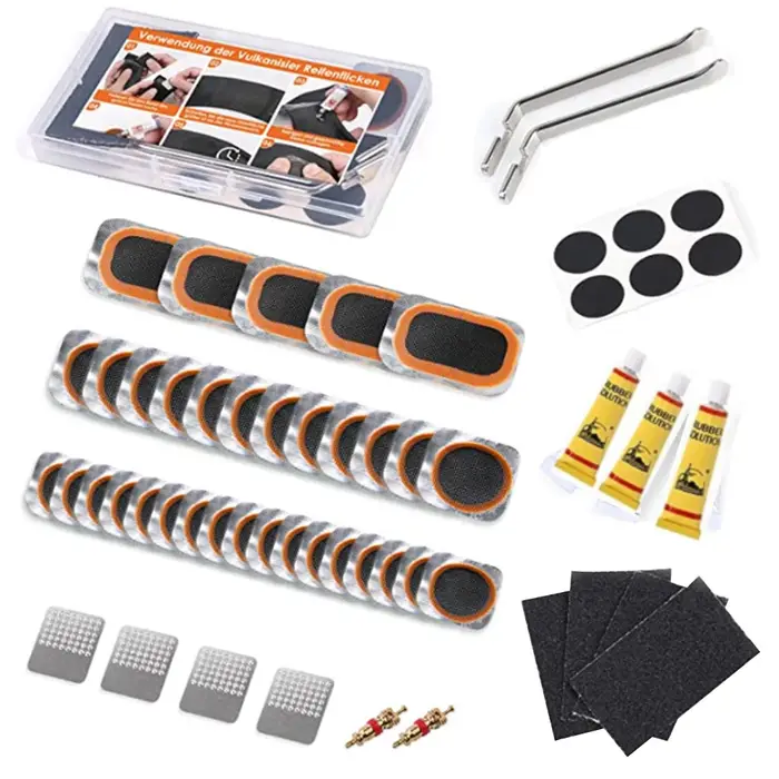 Kit de réparation de pneus de vélo avec colle vulcanisante et patchs