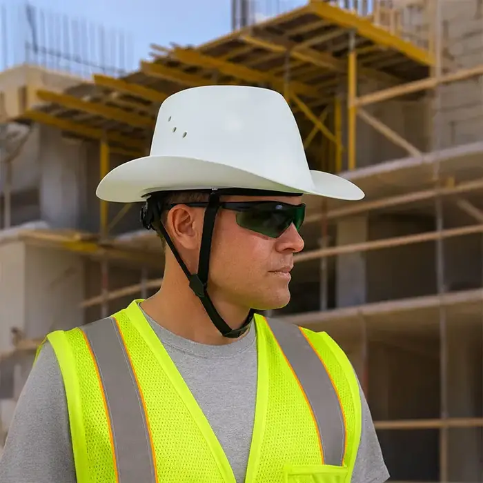 Casque de sécurité Cowboy avec lunettes intégrées, casque rigide en HDPE à visière intégrale avec orifice de ventilation pour travaux de construction, secours ferroviaire, conforme à la norme ANSI, ne