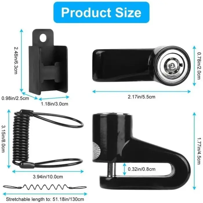 Verrou de frein à disque pour scooter avec câble de rappel enroulé, verrou de sécurité antivol pour scooter électrique, avec support de montage