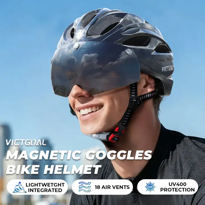 VICTGOAL Herren Fahrrad Helm Rückleuchte Magnetische Brille UV400 Linse Sonnenblende