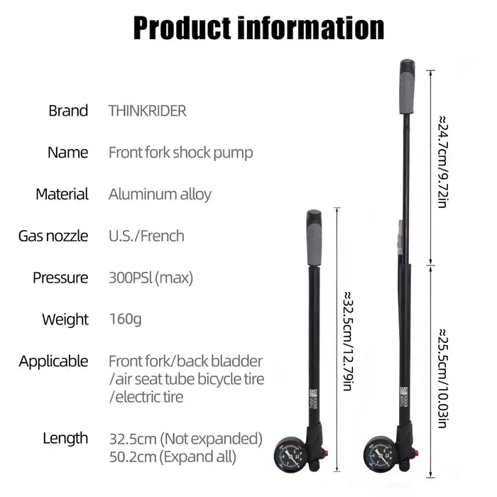 ThinkRider pompe à air de vélo Portable haute pression 300psi avec jauge pour fourche et Suspension 