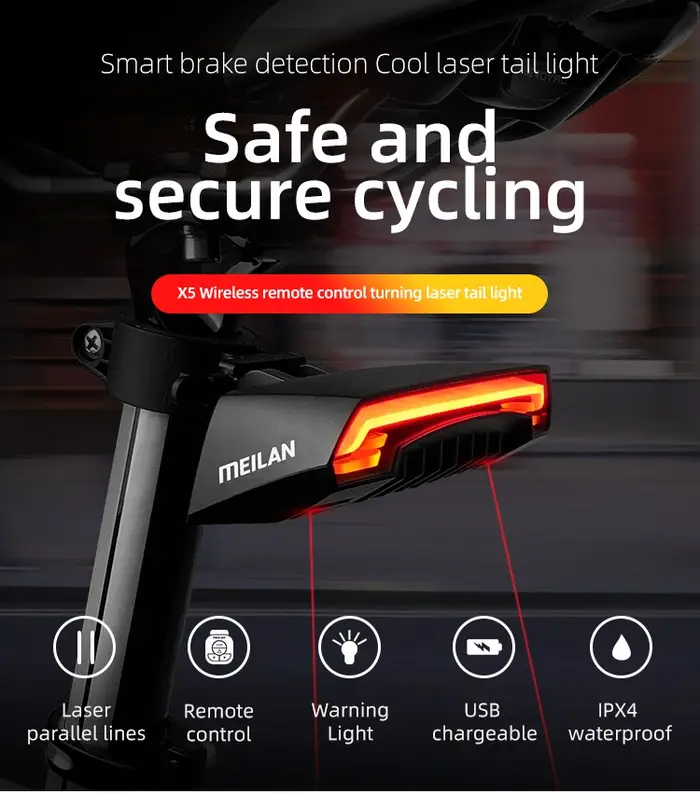Meilan X5 sans fil vélo vélo feu arrière Laser feu arrière frein intelligent USB Rechargeable access