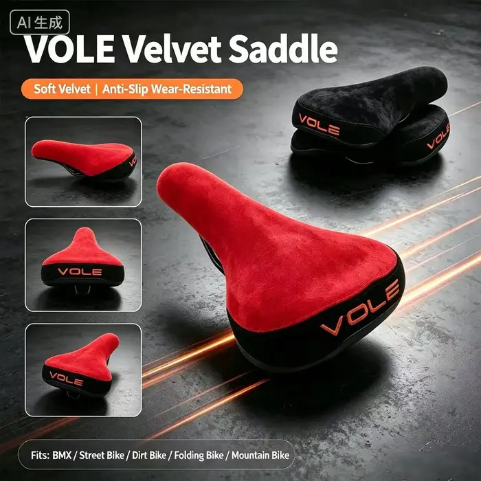 Selle de vélo VOLE VSD47 BMX Velvet, rail en acier chromoly, mousse haute densité, 260×160mm, 365g, pour BMX, vélo de rue et VTT.