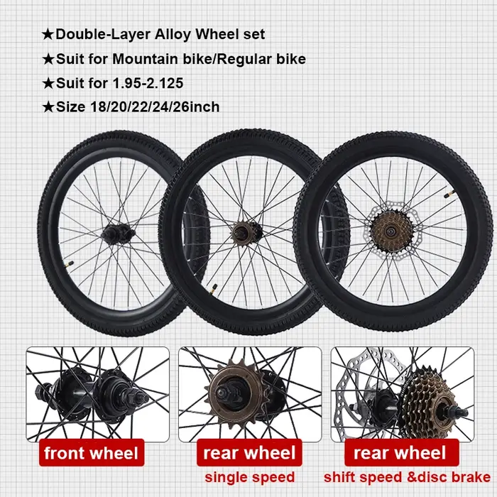 Ensemble de roues de vélo de montagne VTT jantes en alliage d'aluminium double paroi avec pneus noirs pour frein à disque et V