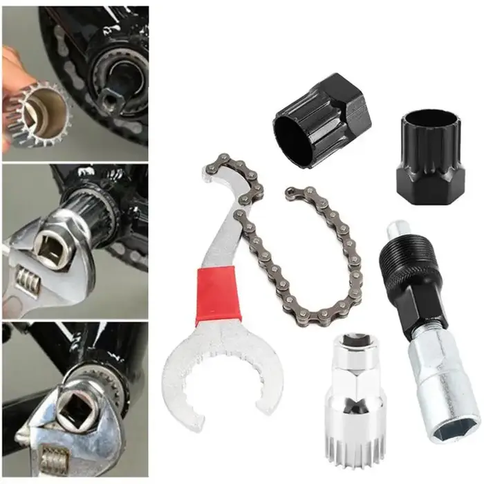 Kit d'outils de réparation de vélo avec accessoires complets, comprenant un extracteur de manivelle, un fouet à chaîne et une clé à pédale, pour la réparation de vélos de montagne et de route.