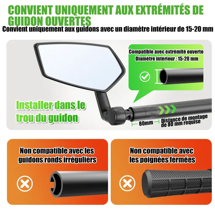 RBRL rétroviseur de vélo vtt guidon fin miroir HD grand Angle étendu Durable