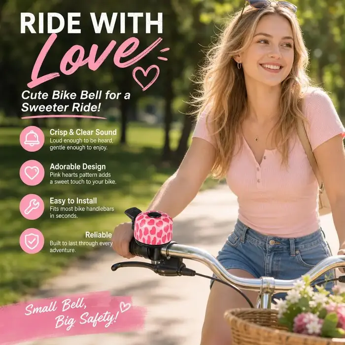 Sonnette de vélo rose, motif cœur mignon
