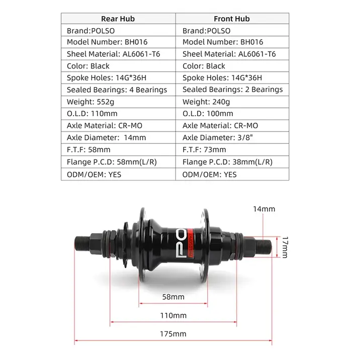 POLSO BH016 BMX Hub 100x3/8 110x14mm BMX moyeux avant et arrière pièces de vélo en alliage d'aluminium