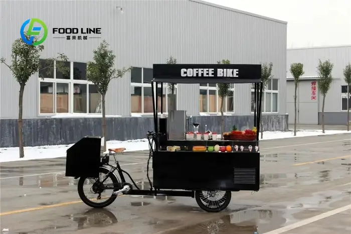 Tricycle électrique à 3 roues mobile pour vente de nourriture boissons et snacks extérieur coloris brun avec moteur 500w