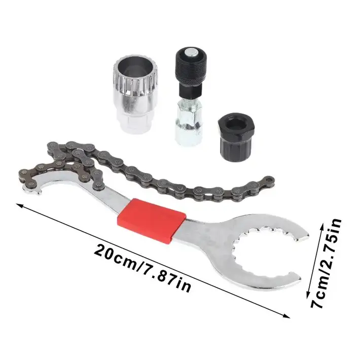 Kit d'outils de réparation de vélo avec accessoires complets, comprenant un extracteur de manivelle, un fouet à chaîne et une clé à pédale, pour la réparation de vélos de montagne et de route.