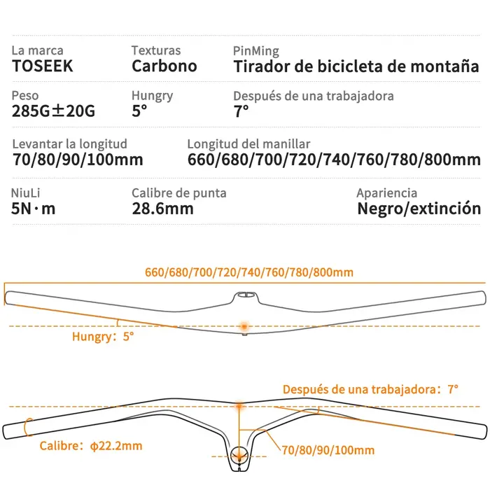 Guidon et tige de VTT en carbone TOSEEK 28,6 mm -17 °   Guidon intégré pour VTT 660 ~ 800-70/80/90/1