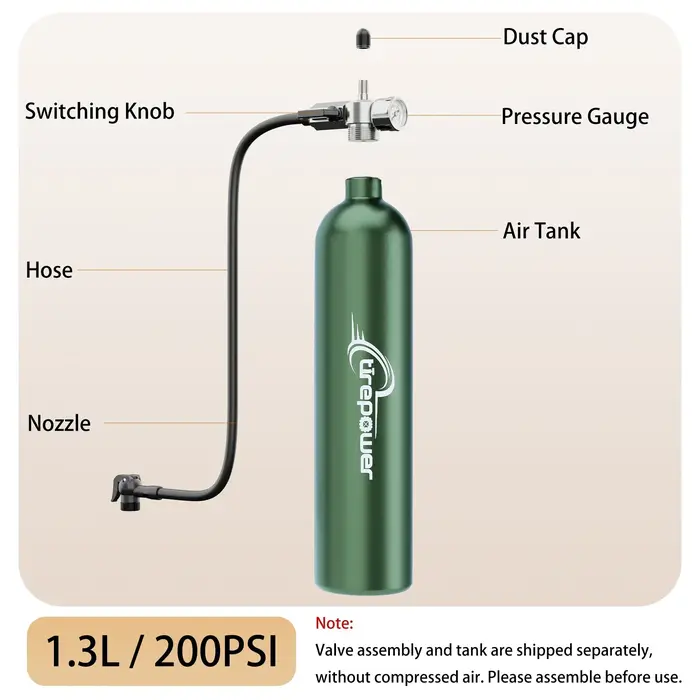 Bouteille d'air 1,3 L en alliage d'aluminium avec manomètre pour gonflage rapide pneus tubeless VTT et vélo de route rouge ou jaune
