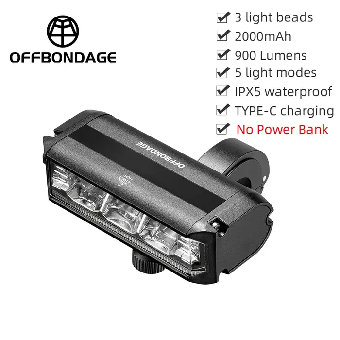 OFFBONDAGE – feu avant de vélo 2600 lumens, lampe de poche étanche 8000mAh, chargeur USB, accessoire