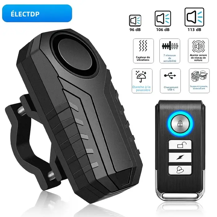 ELECTOP alarme de vélo 113dB antivol sans fil Vibration télécommande