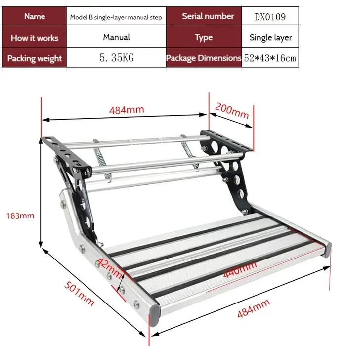 Marchepied pliant manuel en alliage d'aluminium à simple couche avec éclairage pour caravane et camping-car