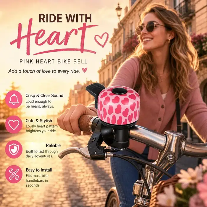 Sonnette de vélo rose, motif cœur mignon