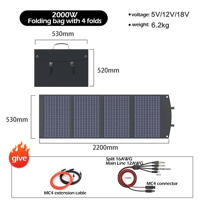 Panneau Solaire Pliable avec Câble de Sortie 5V/12V/18V, 4 Plis, 2000W, Adapté à l'Extérieur, Montre