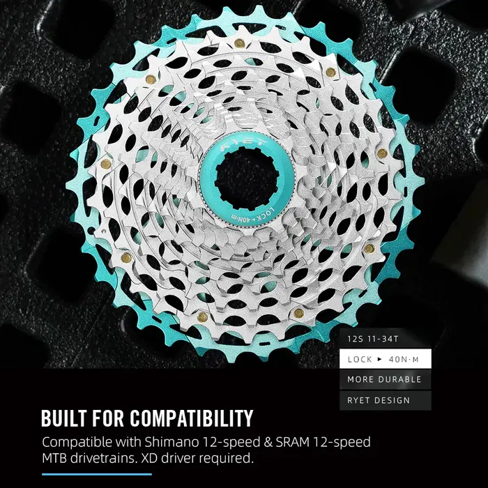 Cassette RYET Ultralégère 230g 11-34T 12S CNC Alu/Acier HG pour Vélo de Route et Gravel Shimano K7