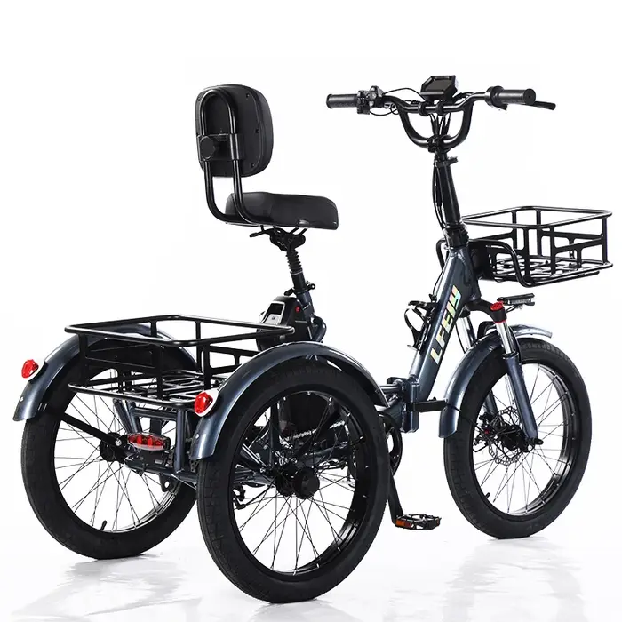 Vélo électrique Cargo 3 roues pliant homme adulte hors route montagne avec 2 paniers/siège réglable 350W gros pneu