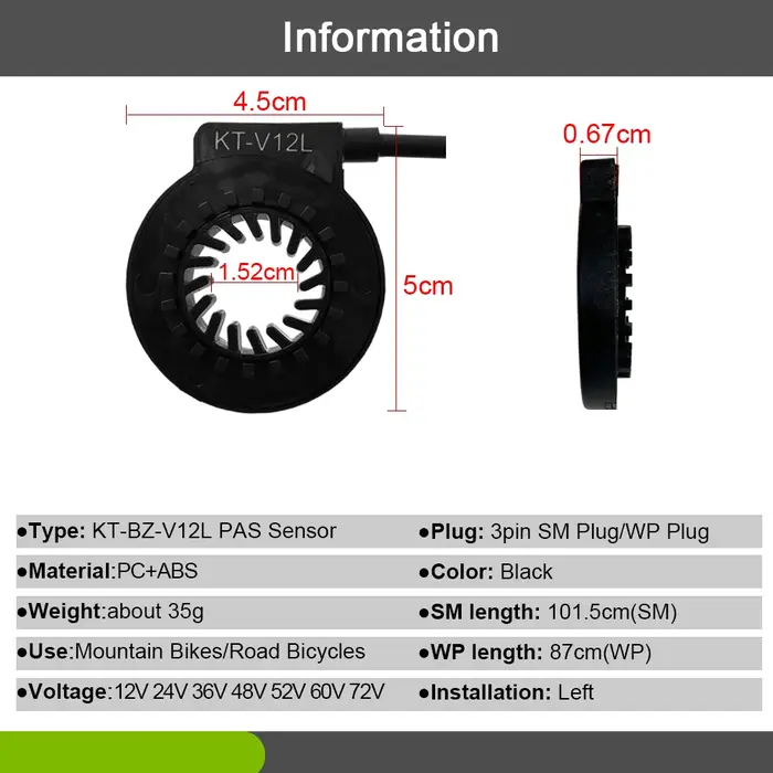 Capteur d'assistance de pédale Double Hall pour vélo électrique 12V-72V