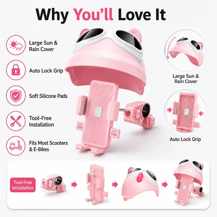 Support de téléphone pour scooter avec protection solaire et pluie