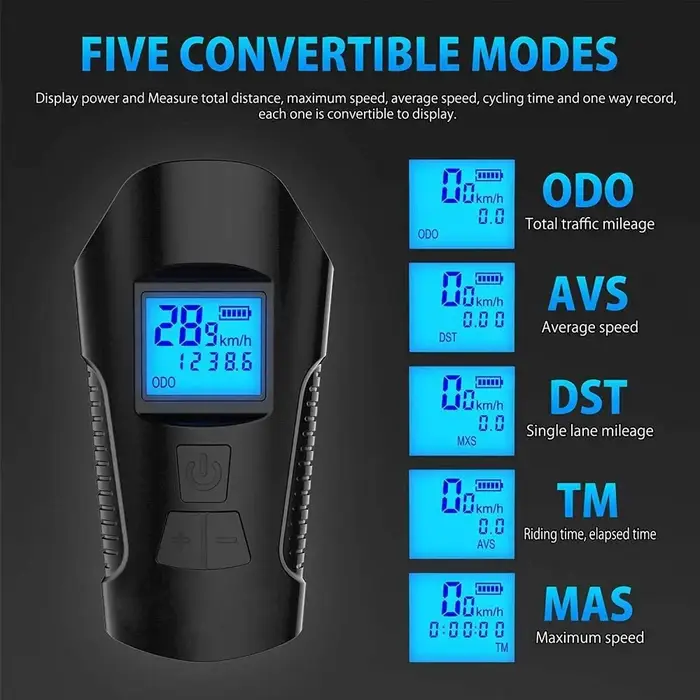 Ensemble éclairage vélo phare avant arrière avec klaxon 120 décibels compteur vitesse LCD et odomètre rechargeable USB pour cyclisme urbain et nuit