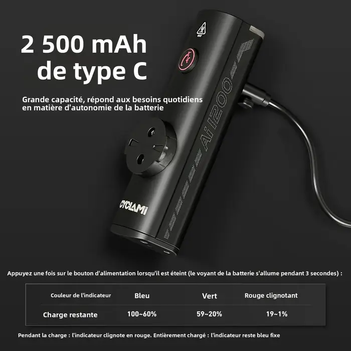 Phare de vélo VTT et route puissant 1200 Lumens en alliage d'aluminium étanche IPX6 avec batterie 2500 mAh et quatre modes d'éclairage pour cyclisme nocturne