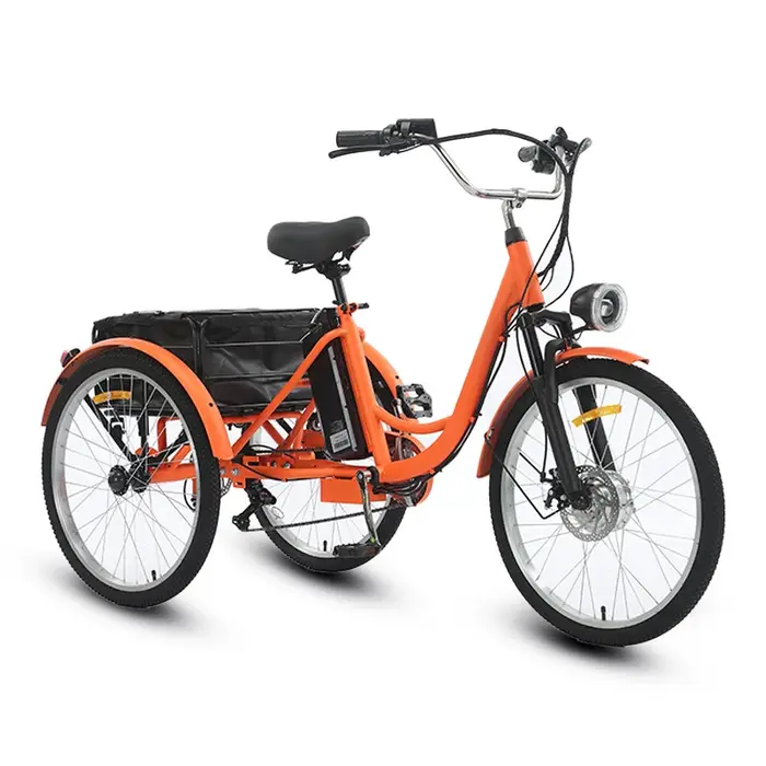 Orange 3 roues adulte vélo électrique Cargo Trike 250W avec panier arrière amovible Booster