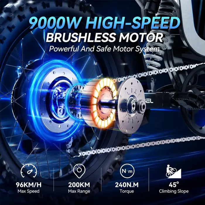 Moto électrique R19 VTT tout-terrain 9000W avec batterie lithium 72V 40Ah moteur sans balais et suspension intégrale pour conduite haute vitesse en montagne et forêt