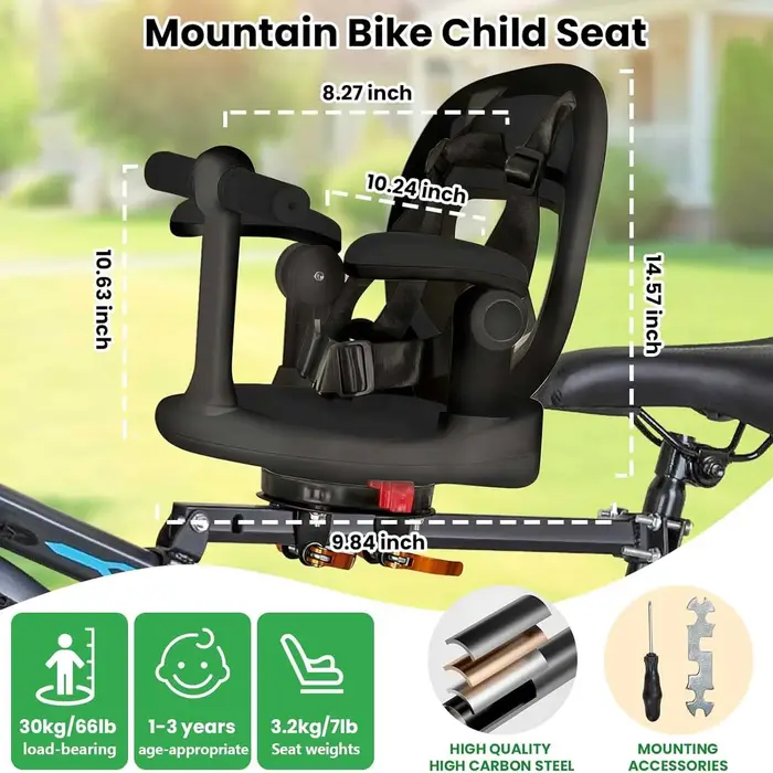 Siège de vélo pour enfant monté à l'avant, siège enfant pour VTT, 360 °   Siège pivotant, dégagement rapide, avec repose-pieds, accoudoirs, protection