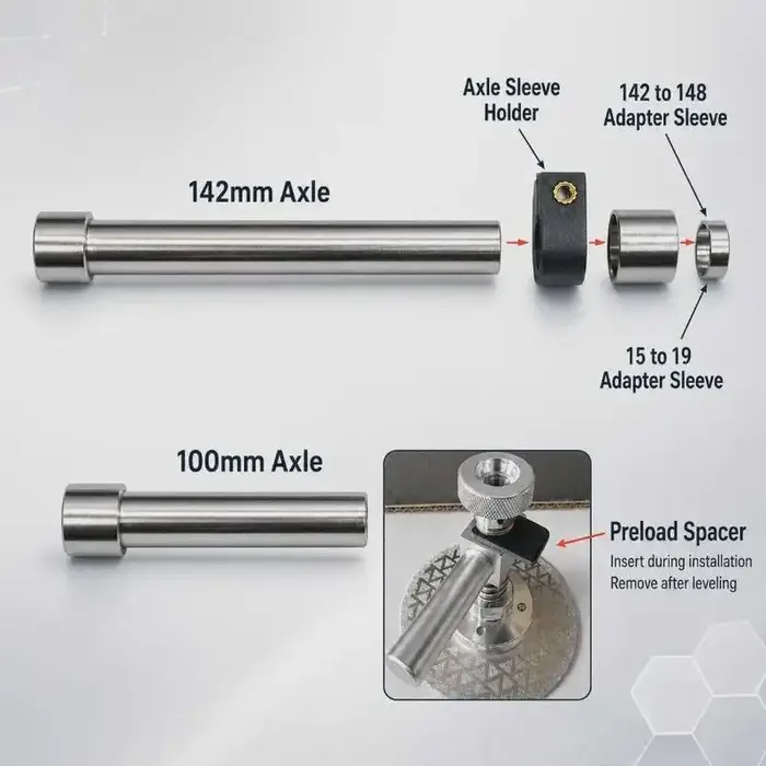 Outil d'alignement de frein de vélo avec système de pression réglable et adapté aux normes d'axe de 100 mm et 142 mm sur divers cadres