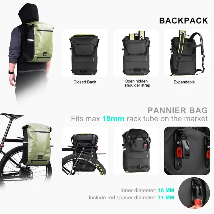 Rhinowalk – sacoche de vélo 22l, entièrement étanche, capacité arrière, support arrière multifonctio