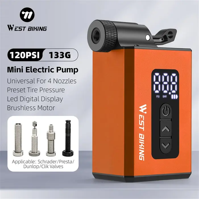 Pompe à vélo électrique miniature WEST BIKING 120 PSI, gonflage rapide avec pression prédéfinie pour valves Presta, Schrader, Dunlop et Clik
