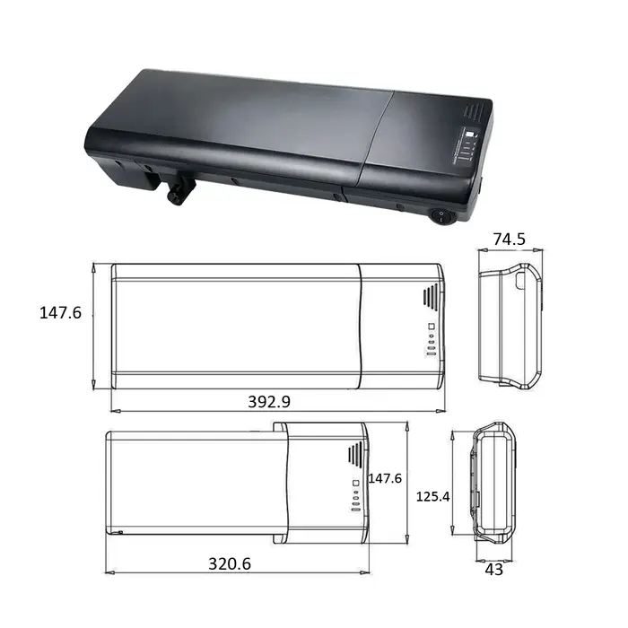 Batterie de vélo électrique pour porte-bagages arrière 36V 12Ah 10.4Ah 13Ah 14Ah
