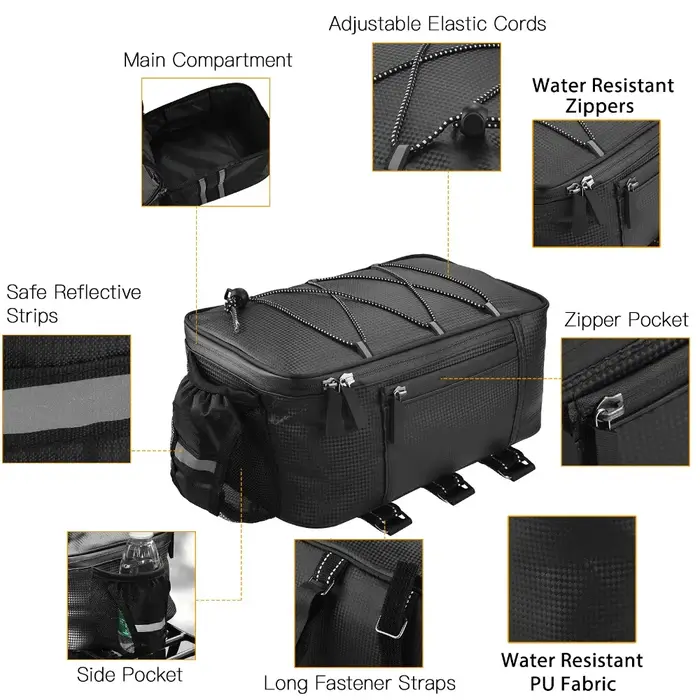 Sac de vélo en PU durable 31*20*15cm, facile à installer, avec bandes réfléchissantes, sac de transport pour vélo, pour la conduite nocturne
