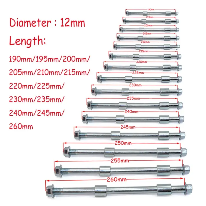 Essieu de roue de vélo de fosse de saleté M12 190mm-260mm pour roues de frein à tambour jantes moyeu 10 pouces 12 "14