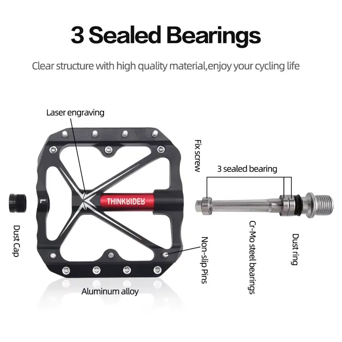 Pédales de vélo ThinkRider en alliage d'aluminium avec 3 roulements scellés et broches antidérapantes pour VTT route BMX et croiseurs