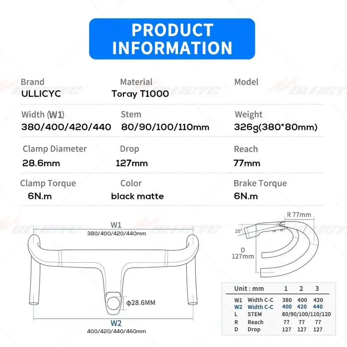 Guidon intégré pour vélo de route entièrement en carbone, sans logo, avec câblage interne et entretoises incluses. Diamètre de serrage de 28,6 mm, -10 ° Inclinaison