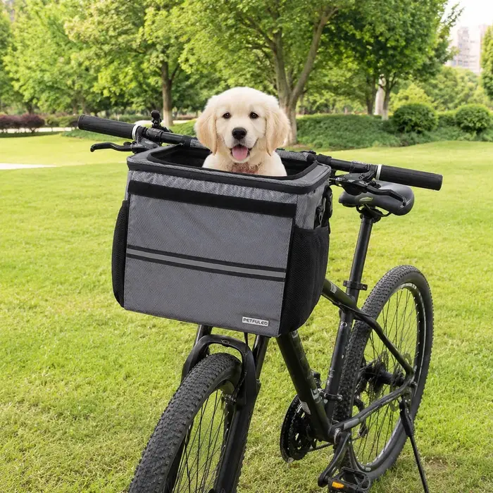 Panier de vélo pour petits et moyens animaux de compagnie avec filet respirant, panier de vélo amovible pour guidon avant pour faire du vélo avec votre chien