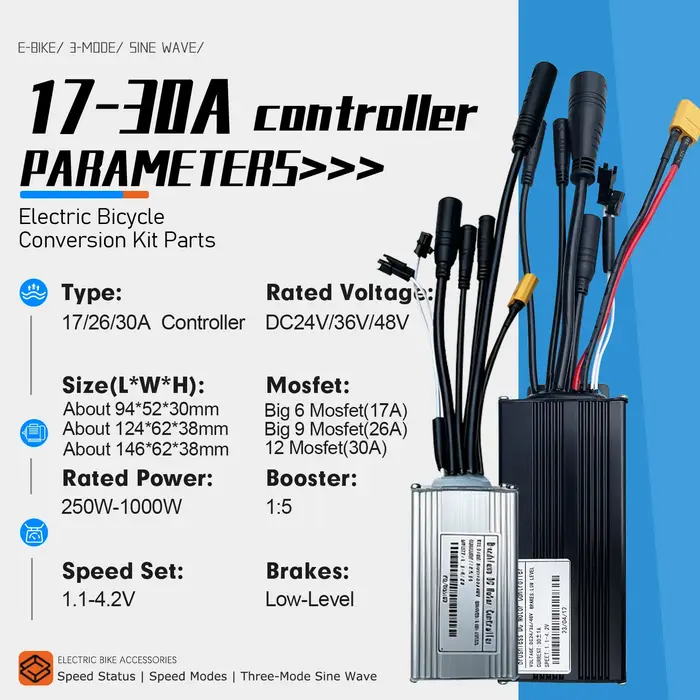 Contrôleur de moteur sans balais à onde sinusoïdale pour vélo électrique 24/36/48V 250W-1000W 17A 26A 30A avec écran