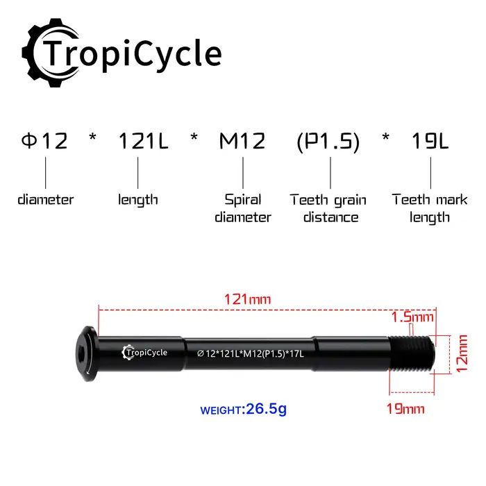 Tropicycle – Axe traversant de fourche avant pour VTT et vélo de route