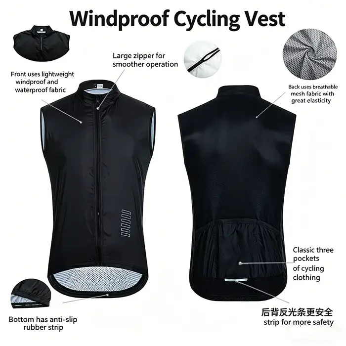 Gilet de vélo d'été AERO VELO sans manches coupe-vent en polyester et lycra respirant pour vélo de route et VTT