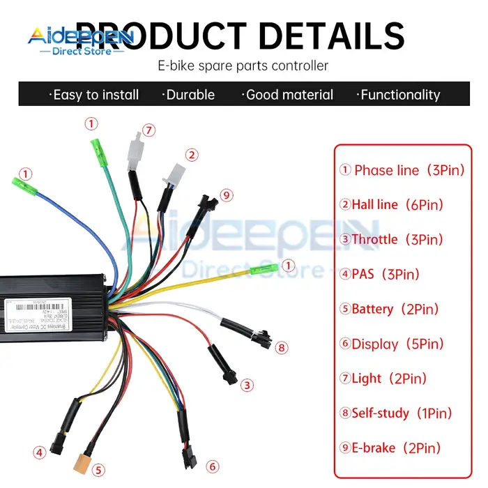 Contrôleur de moteur sans balais à onde sinusoïdale pour vélo électrique, 24V/36V/48V, 500W/750W, 26