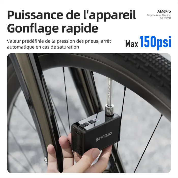CYCLAMI AM6 Pro Mini Pompe à air électrique automatique portable numérique pour pneus de VTT et de vélo de route Schrader Presta 150 PSI 800 mAh