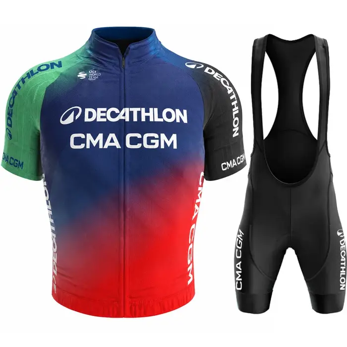 Ensemble de cyclisme d'été Decathlon pour hommes : maillot à manches courtes respirant, cuissard rembourré léger, vêtements de sport de course.