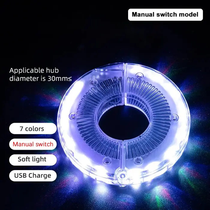 Feu de roue de vélo LED, moyeu avant et arrière, une lampe avec 7 couleurs, 15 Modes, Rechargeable, 