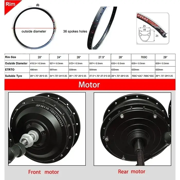 Moteur de roue de vélo électrique 36V 250W 350W 500W