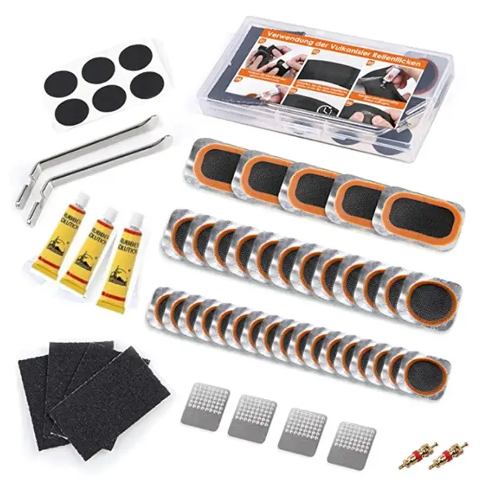Kit de réparation de pneus de vélo avec colle vulcanisante et patchs