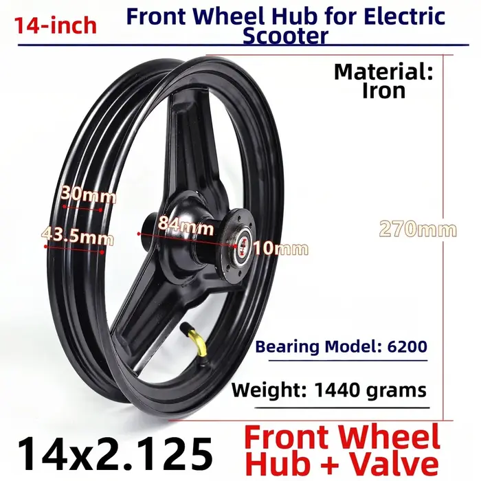 Roue avant de trottinette 14 pouces 14x2.125 avec pneu plein sous vide et moyeu en fer