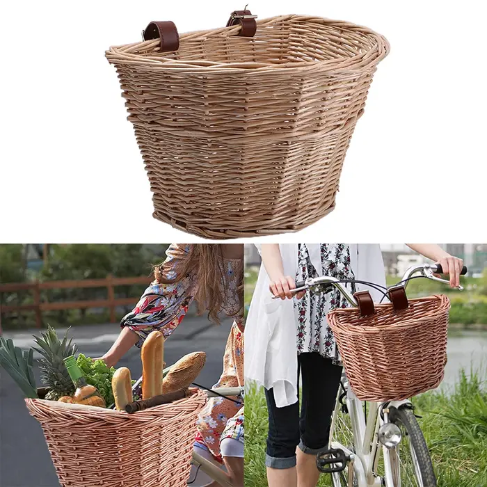 Panier panier en osier Vintage panier à légumes Portable en forme de D pour vélos de montagne panier avant avec sangles en cuir